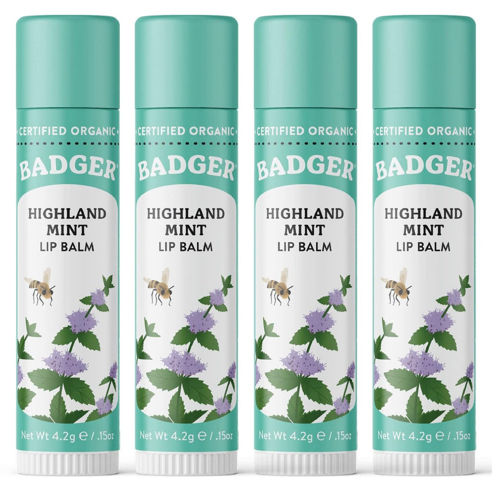 Badger Highland Mint lip balm tube closeup shows silky texture for daily moisture
