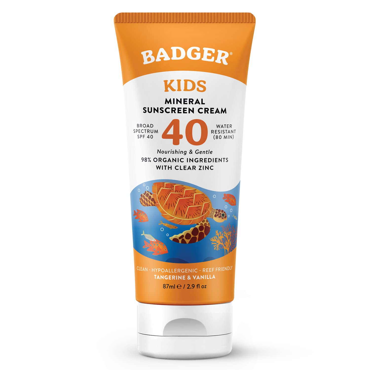Badger Kids Mineral Sunscreen Cream SPF 40 bottle offering reef-friendly, broad-spectrum sun protection