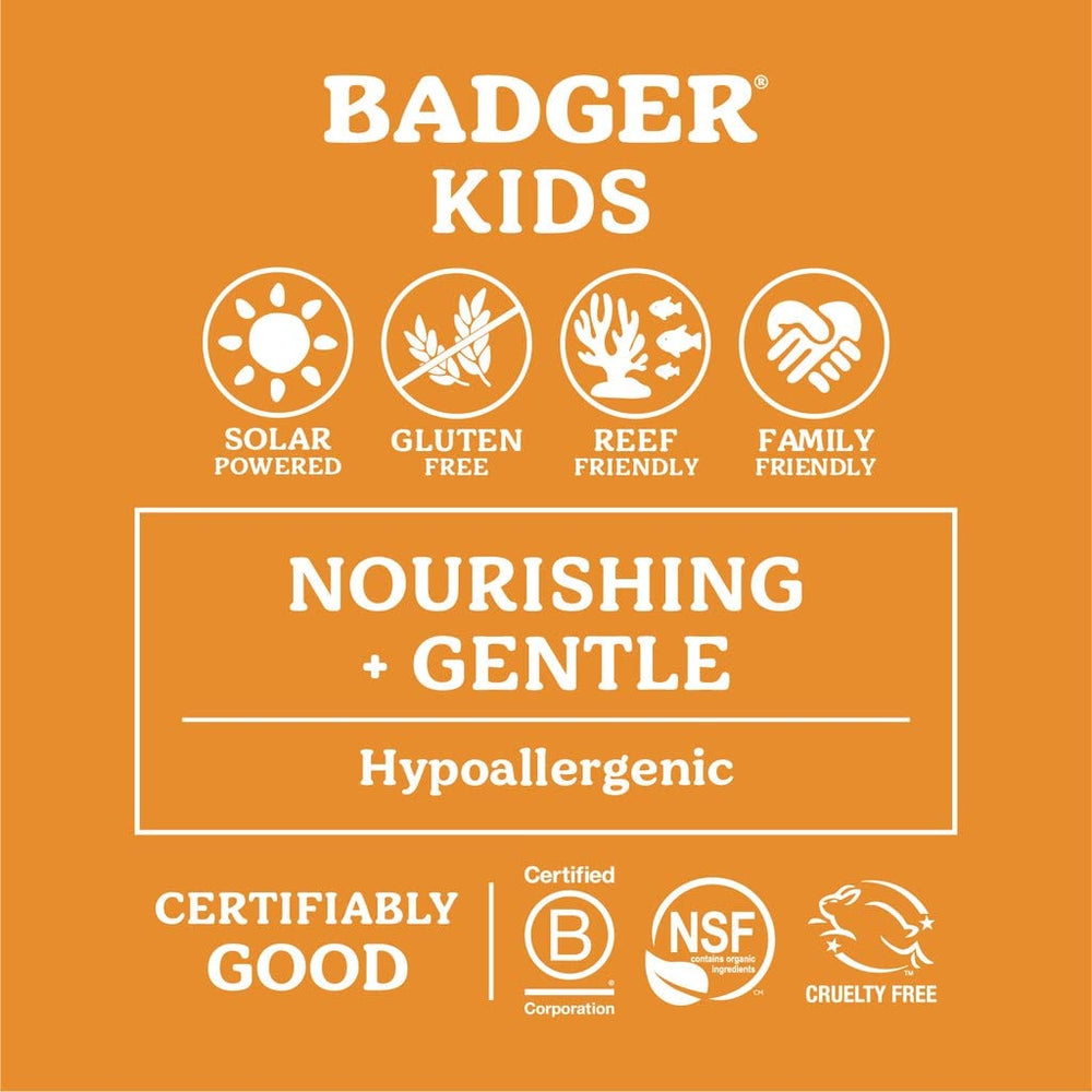 Badger Kids Mineral Sunscreen Cream on face and body indicates kid-friendly, lightweight texture