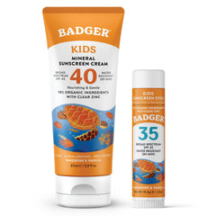 Badger Kids mineral sunscreen cream SPF 40 packaging shows reef-safe protection for kids.