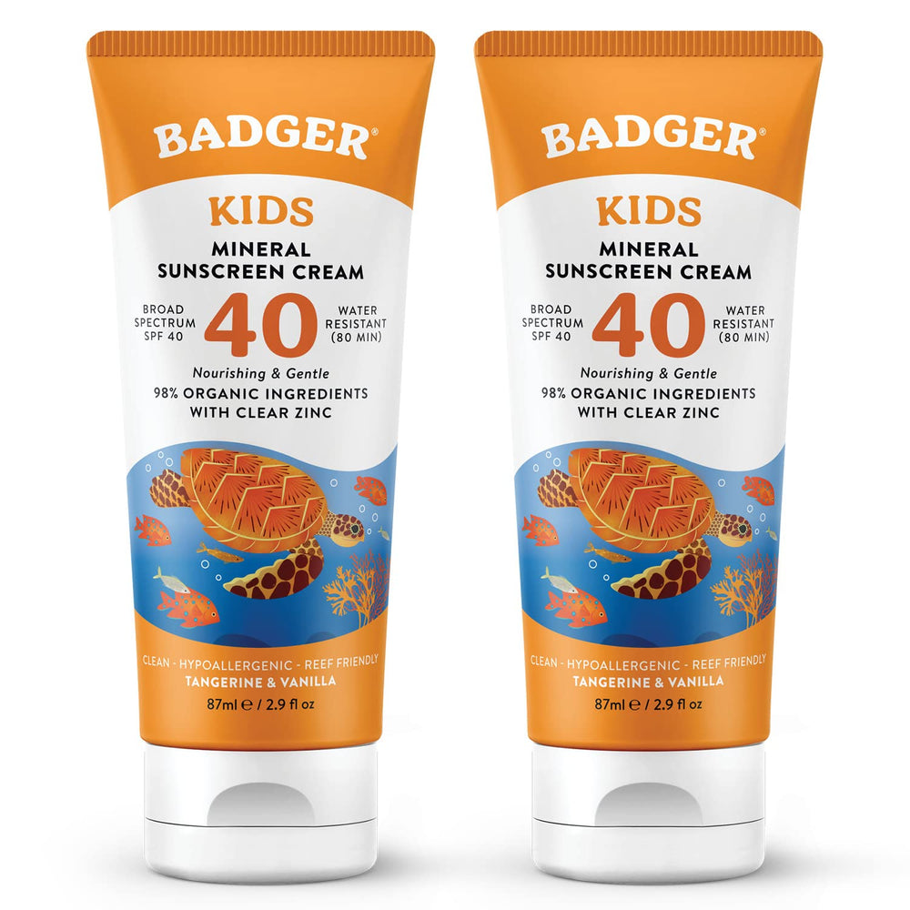 Badger Kids Mineral Sunscreen Cream SPF40 tube — convenient two-pack for family sun care.