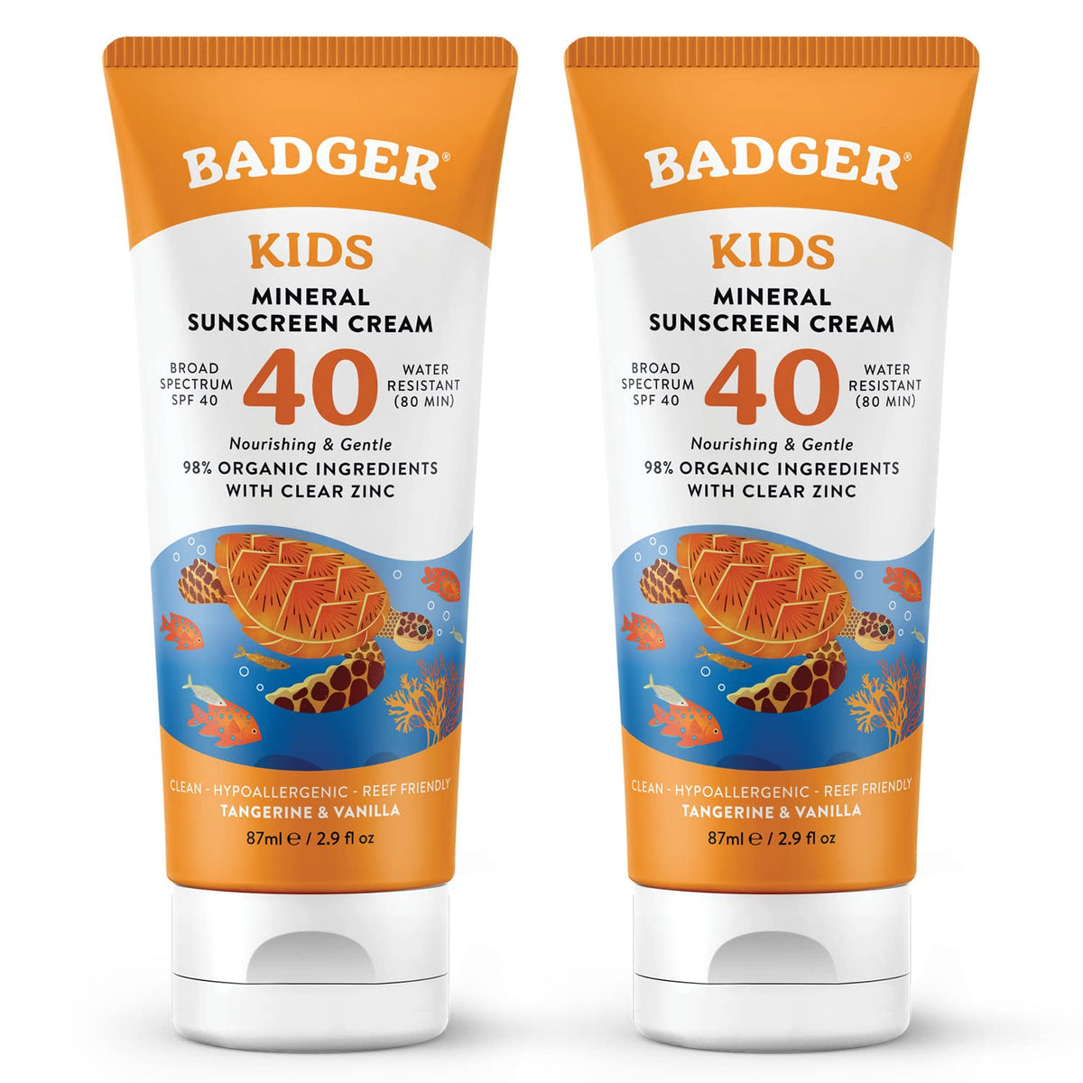 Badger Kids Mineral Sunscreen Cream SPF40 tube — convenient two-pack for family sun care.
