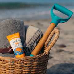 Badger Kids sunscreen portrait highlighting water resistance after splash or play