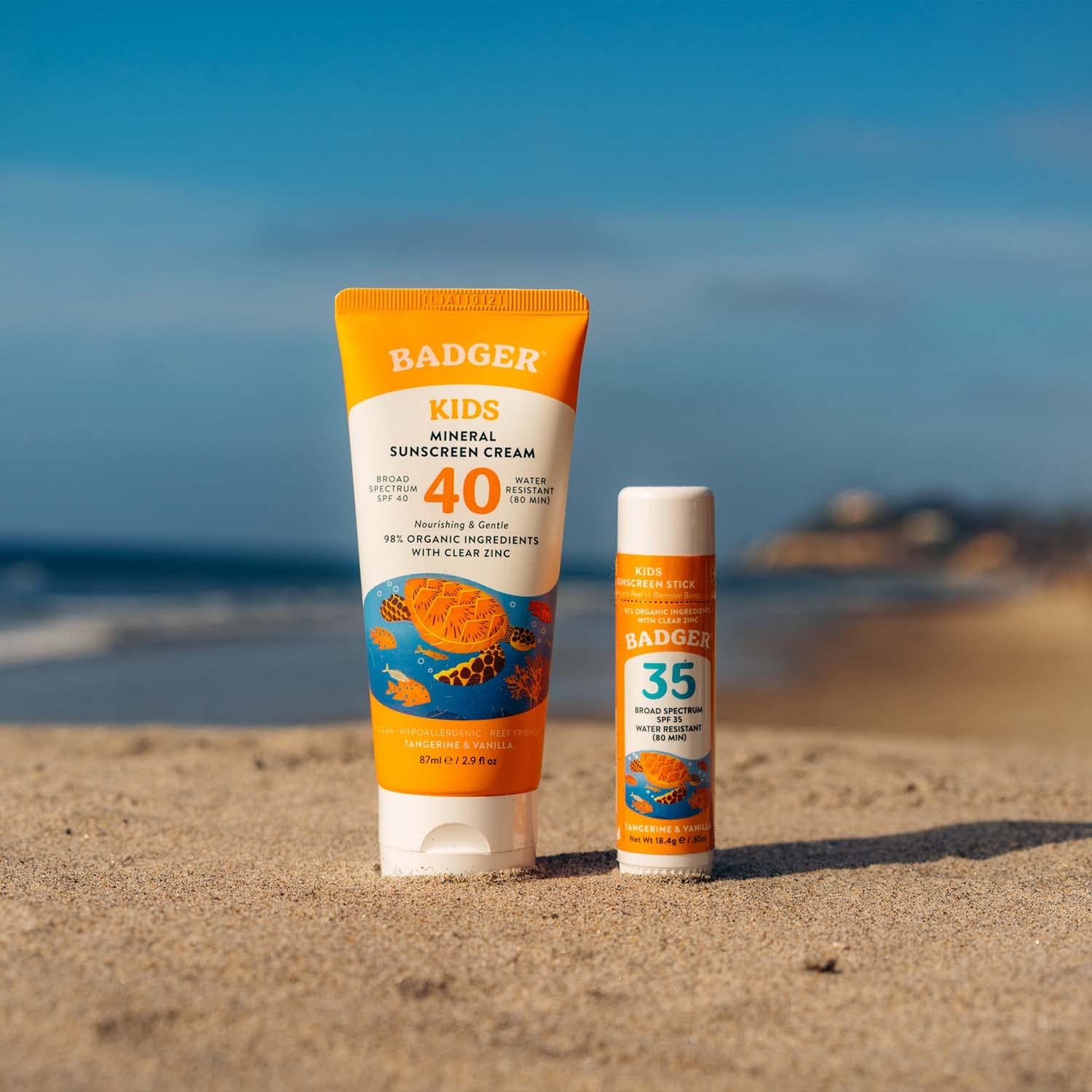 Badger Kids mineral sunscreen water resistance 80 minutes suits outdoor activities.