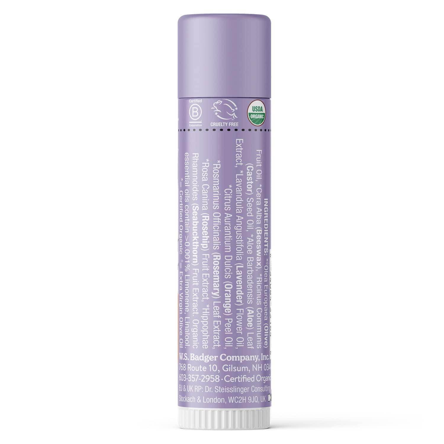 Badger Lavender Orange Lip Balm tube close-up emphasizing gentle, long-lasting moisture