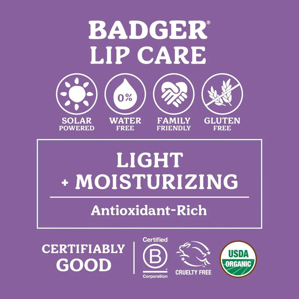 Badger lip balm set silky texture application highlights lightweight glide and subtle shine.