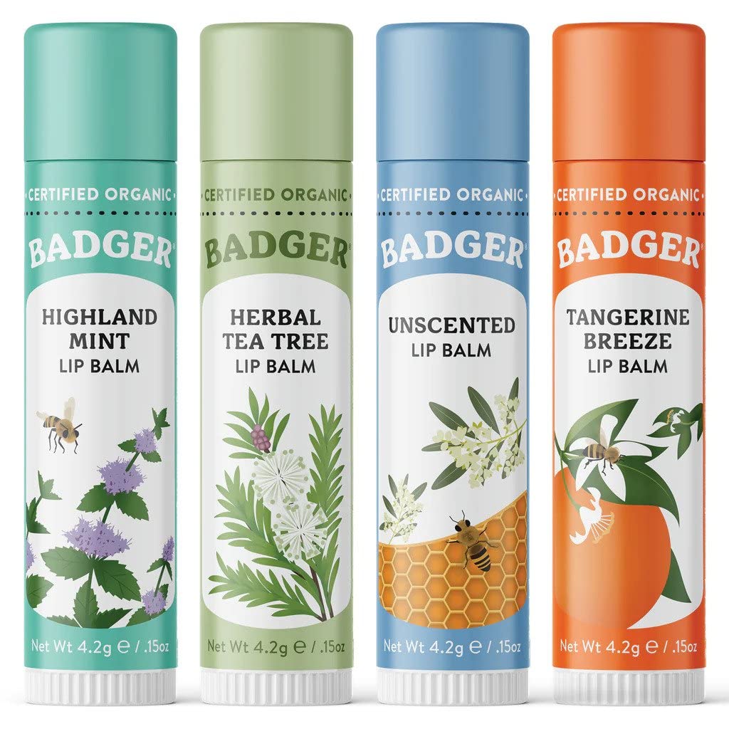 Badger lip balm unscented packaging focuses on gentle hydration for sensitive lips.