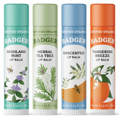 Badger lip balm unscented packaging focuses on gentle hydration for sensitive lips.