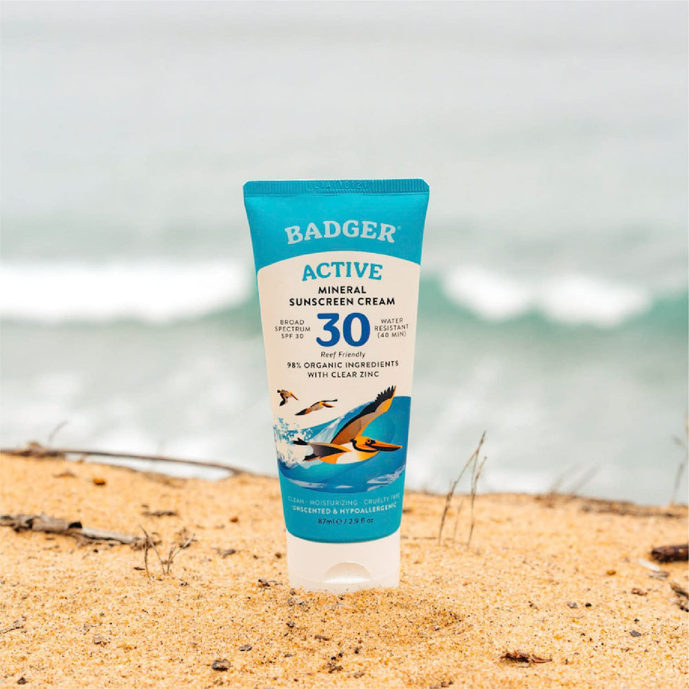 Badger sunscreen SPF 30 50 percent PCR tube packaging emphasizes eco-friendly packaging