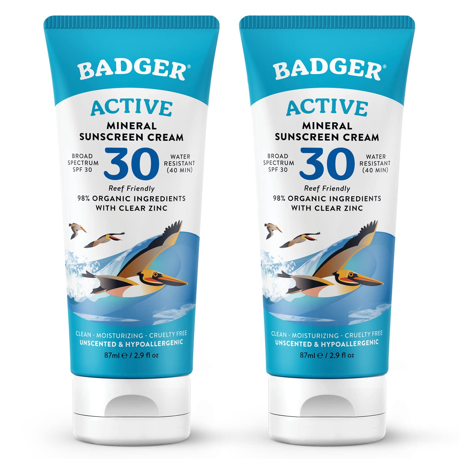 Badger Mineral Sunscreen Cream SPF 30 travel-size 2-pack packaging showcases eco-friendly tube for on-the-go sun protection.