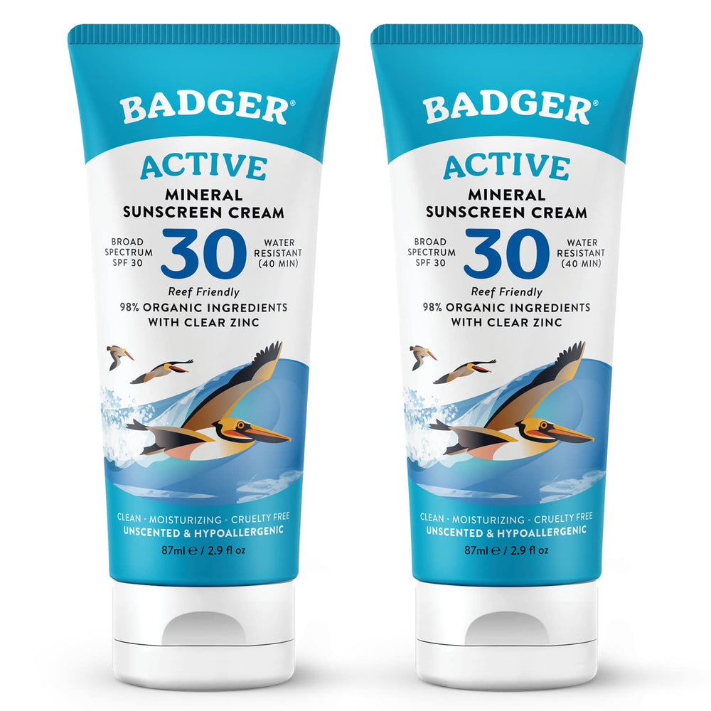 Badger Mineral Sunscreen Cream SPF 30 travel-size 2-pack packaging showcases eco-friendly tube for on-the-go sun protection.