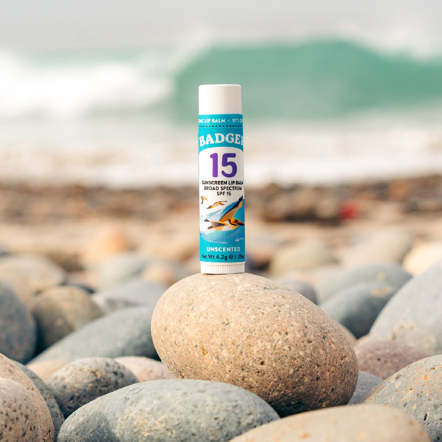Badger Mineral Sunscreen Lip Balm SPF 15 ingredients showcasing zinc oxide and organic oils.