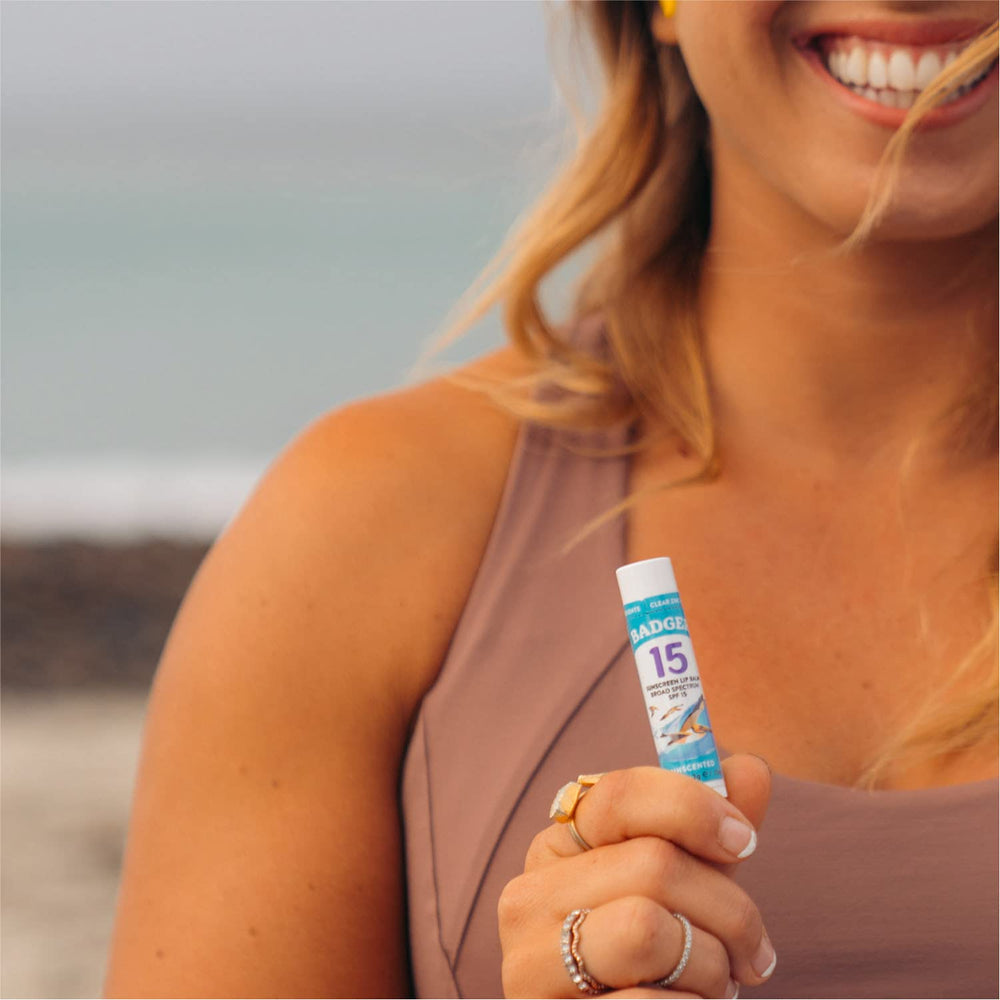 Badger Mineral Sunscreen Lip Balm SPF 15 reef-safe protection for lips during outdoor activities.