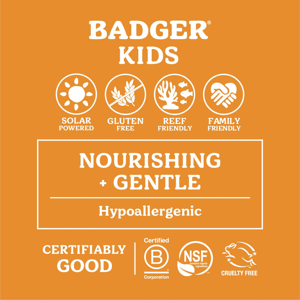 Badger Mineral Sunscreen Cream texture visible, smooth spread for delicate kids' skin.