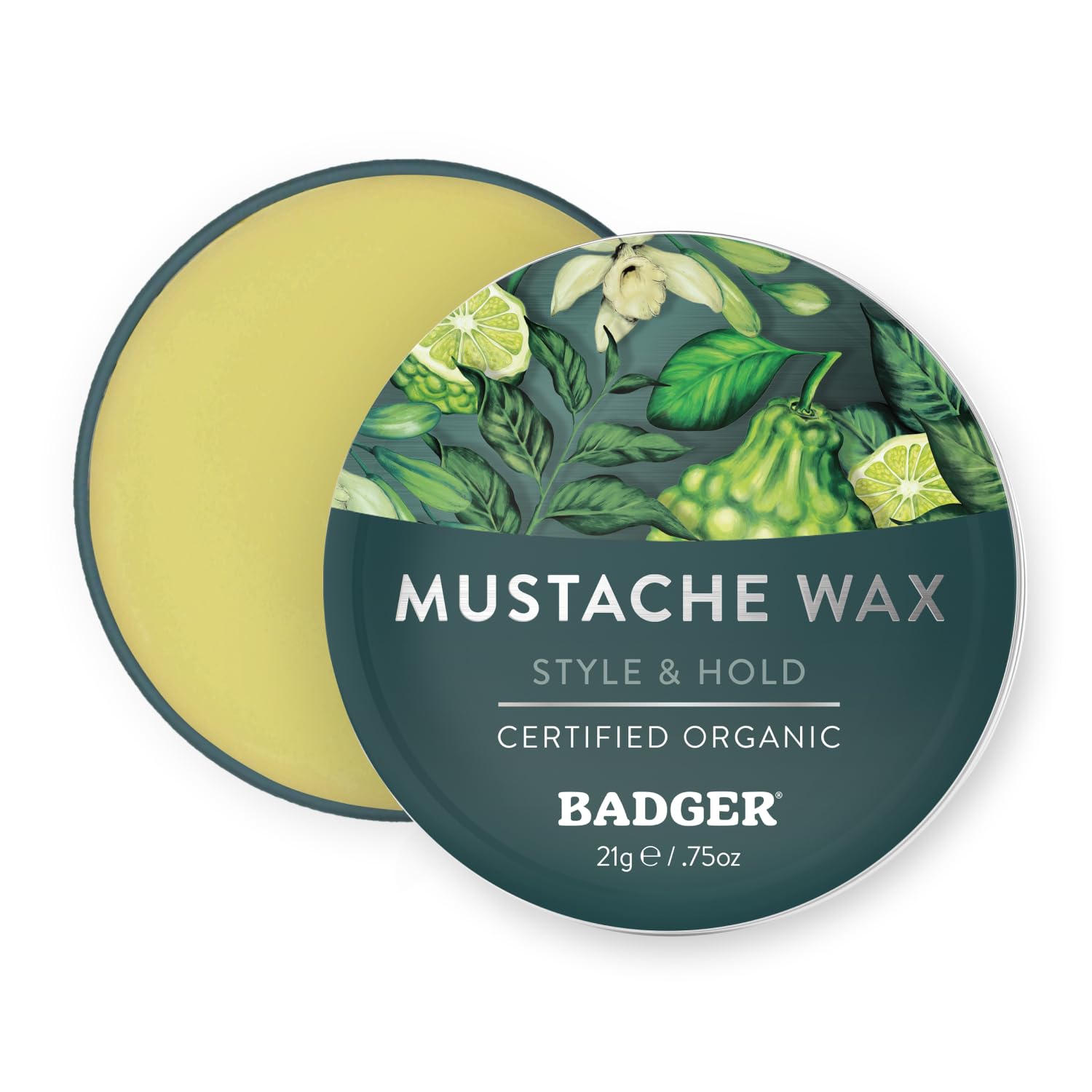 Badger Mustache Wax tin open demonstrating medium hold for precise styling