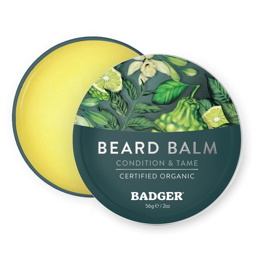 Badger Organic Beard Balm tin ready to moisturize and soften facial hair.