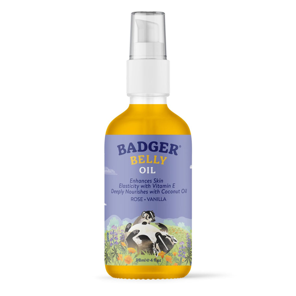 Badger Organic Pregnant Belly Oil jar-front for daily belly moisturization.
