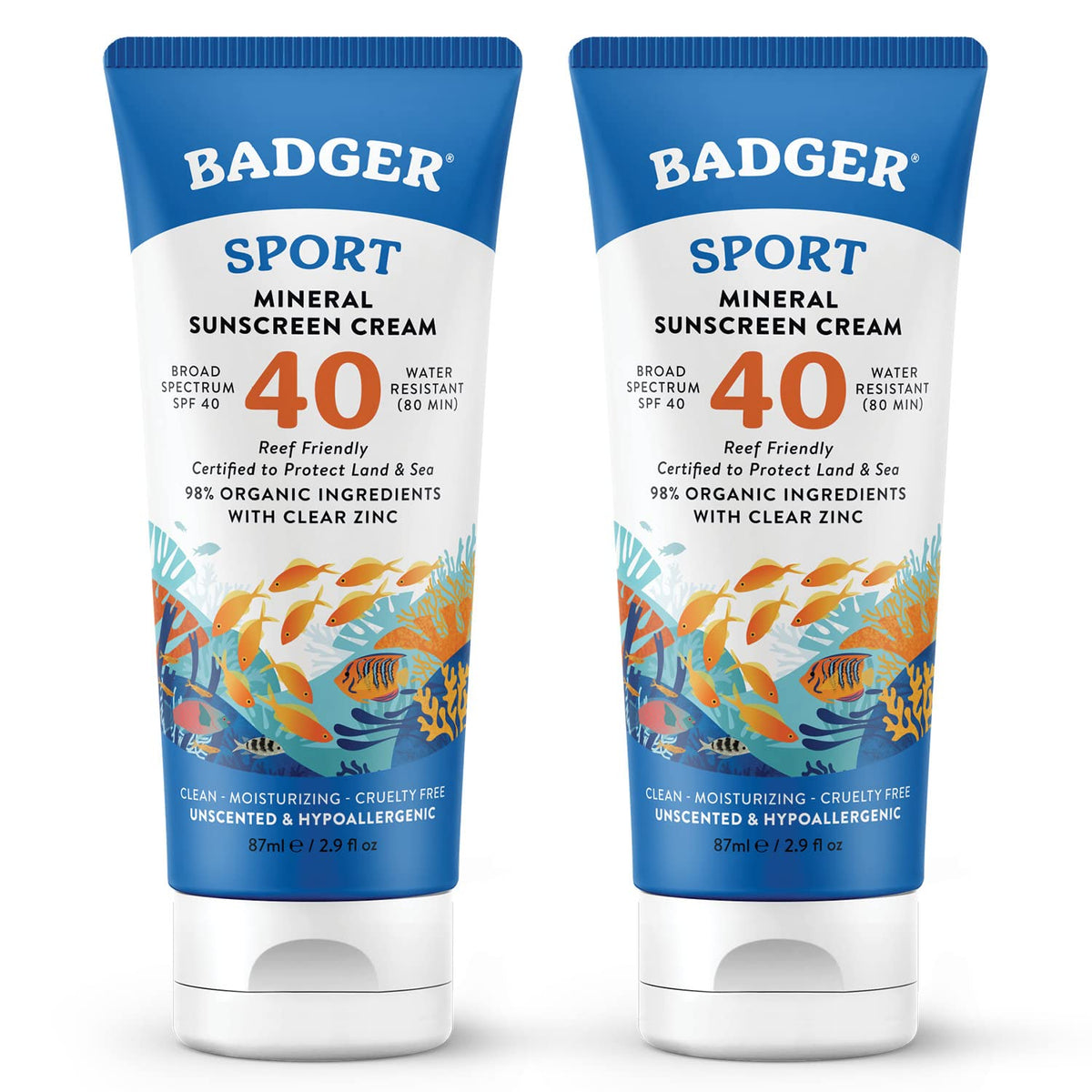 Badger Reef Safe Sport Sunscreen tube front shows SPF 40 unscented protection for active beach days