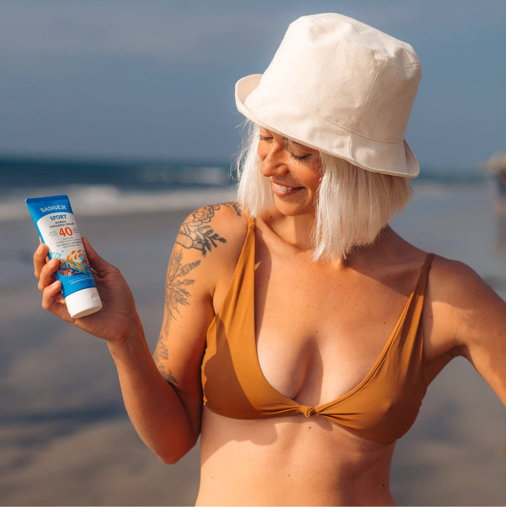 Badger Reef Safe Sport Sunscreen demonstrating 80-minute water resistance