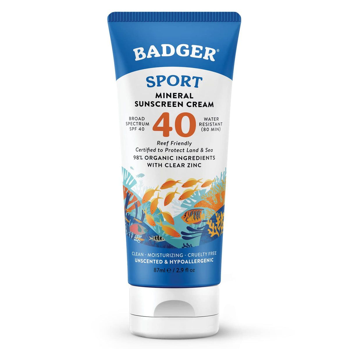 Badger Reef Safe Sunscreen tube closeup highlighting mineral zinc protection