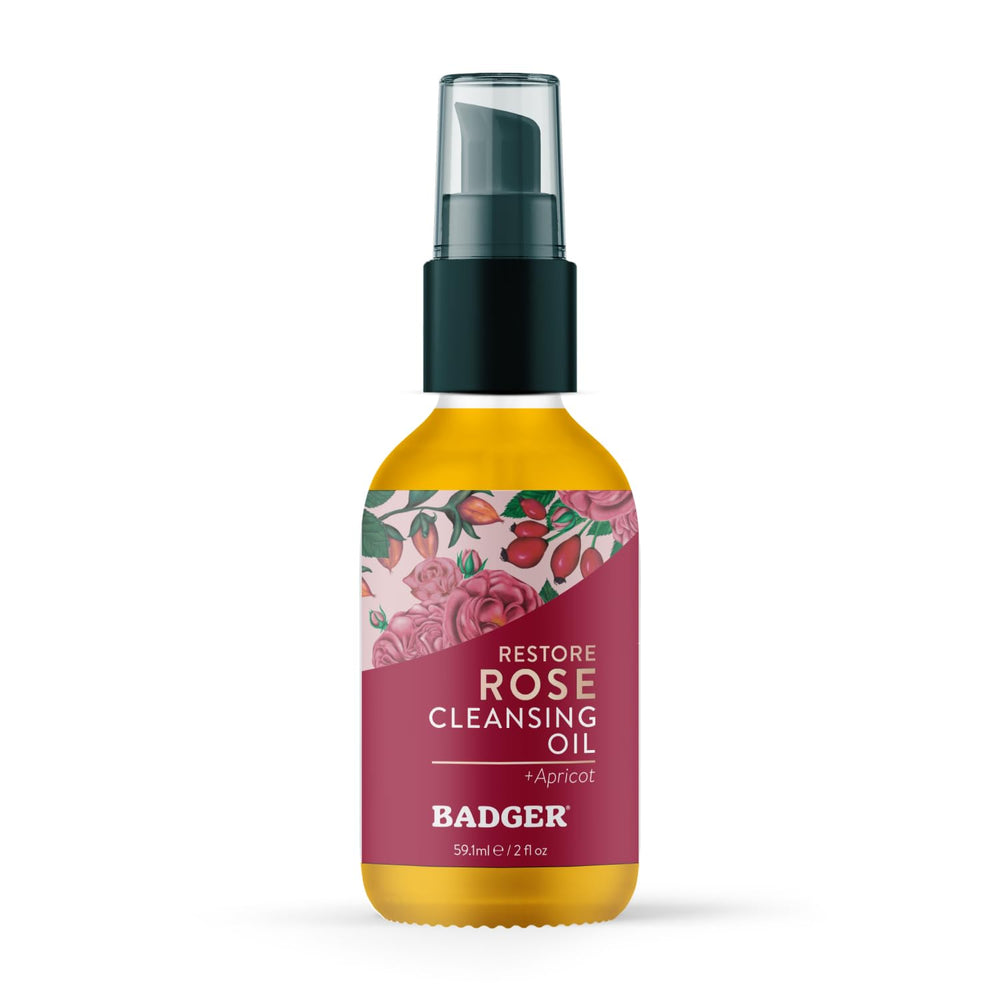 Badger Rose Face Cleansing Oil bottle shows glass packaging for eco-friendly skincare