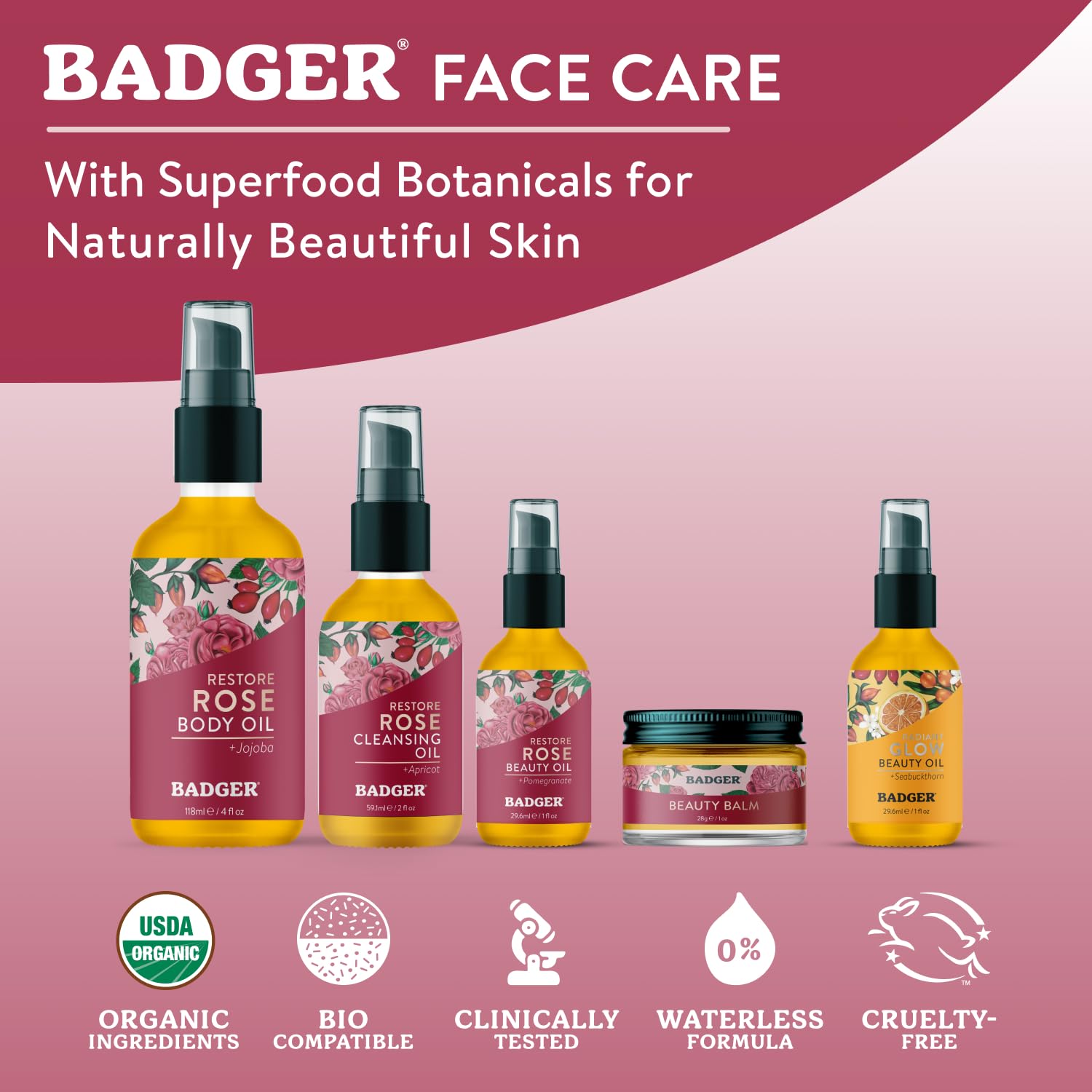 Badger Rose Face Cleansing Oil ingredients close-up shows nourishing plant oils