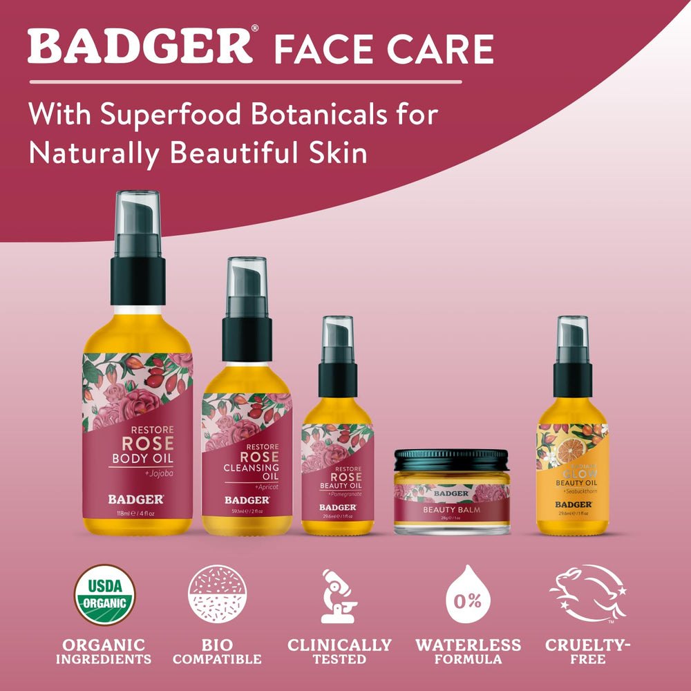 Badger Rose Face Cleansing Oil ingredients close-up shows nourishing plant oils
