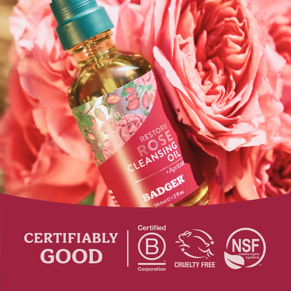 Badger Rose Face Cleansing Oil makeup-removal scene illustrates gentle cleansing