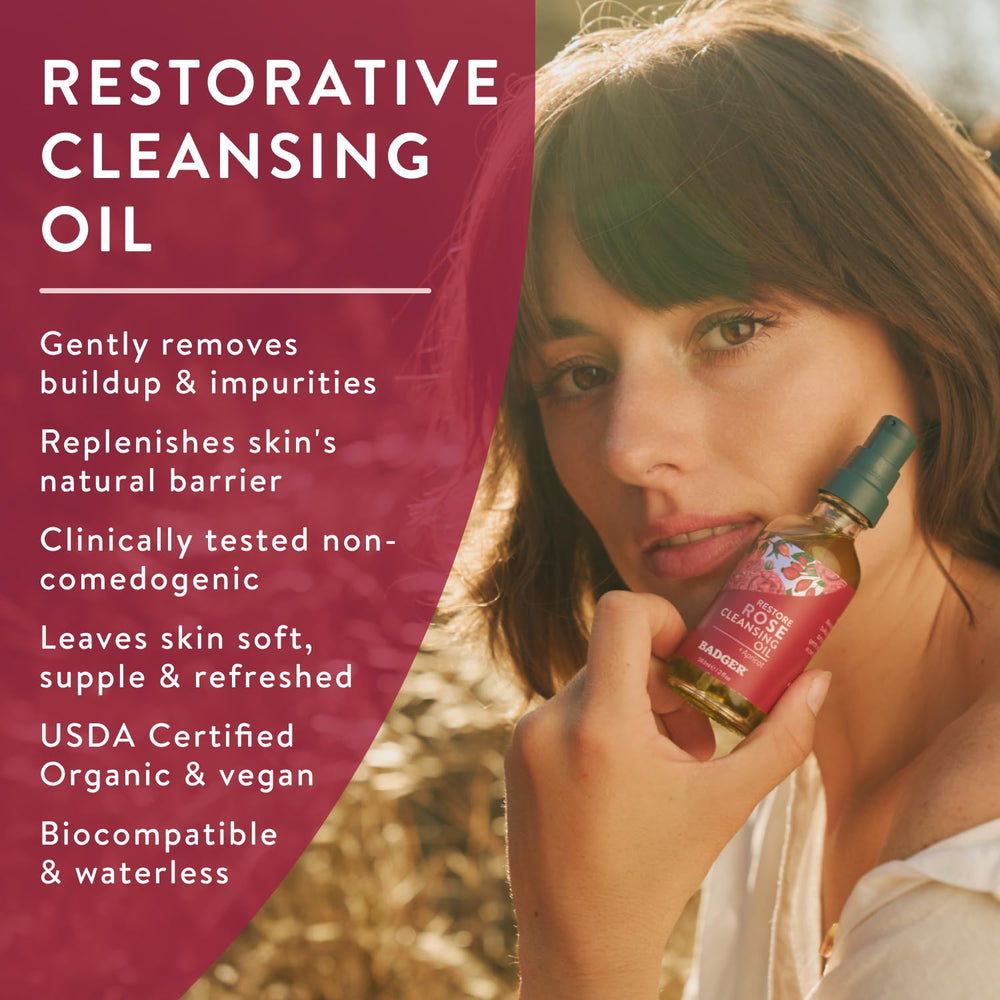 Badger Rose Face Cleansing Oil pour-ready bottle demonstrating gentle makeup removal