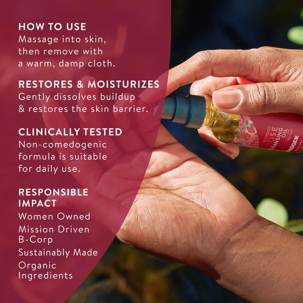 Badger Rose Face Cleansing Oil texture on hand demonstrates non-greasy feel