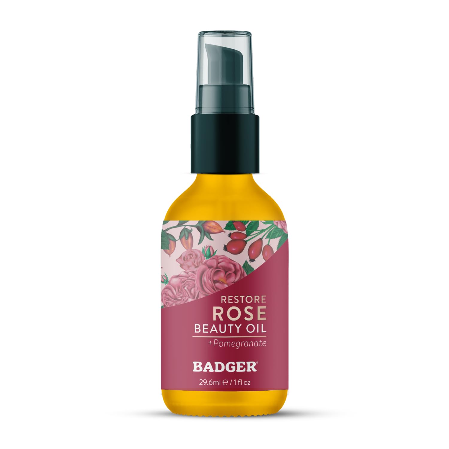 Badger Rose Face Oil bottle on a vanity for daily nourishing hydration