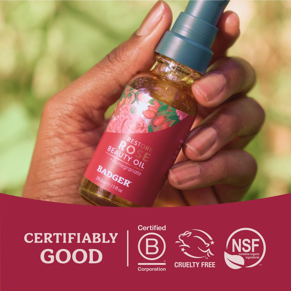 Badger Rose Face Oil blends organic rose, rosehip and jojoba for nourishment