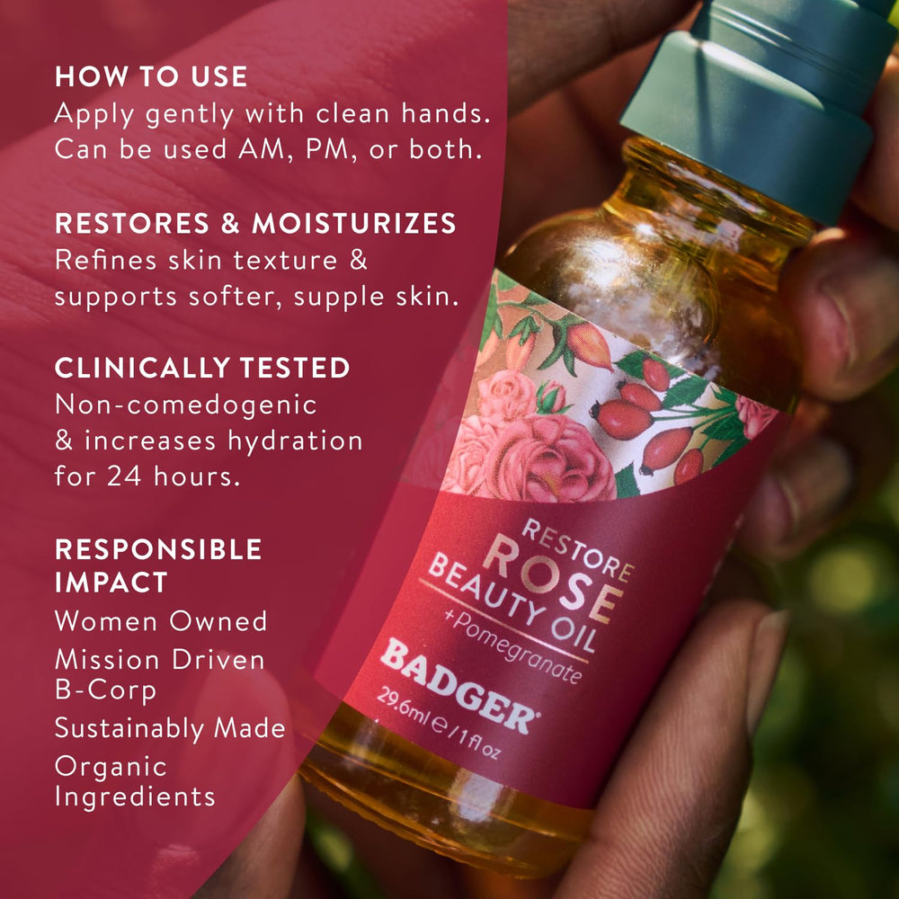 Badger Rose Face Oil sustainable-packaging photo highlights glass bottle and eco-friendly production.