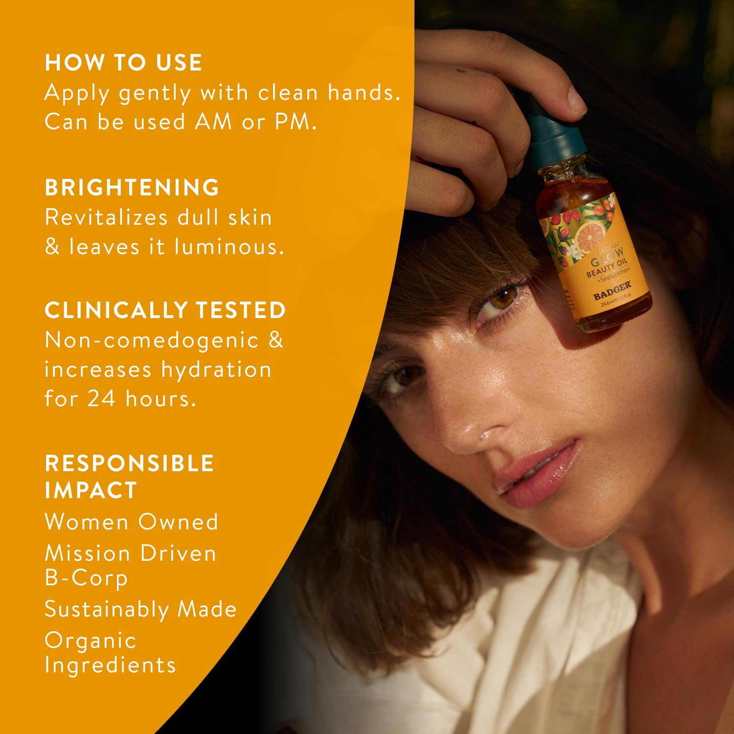 Oil on hand demonstrates silky texture and quick absorption for dry skin.