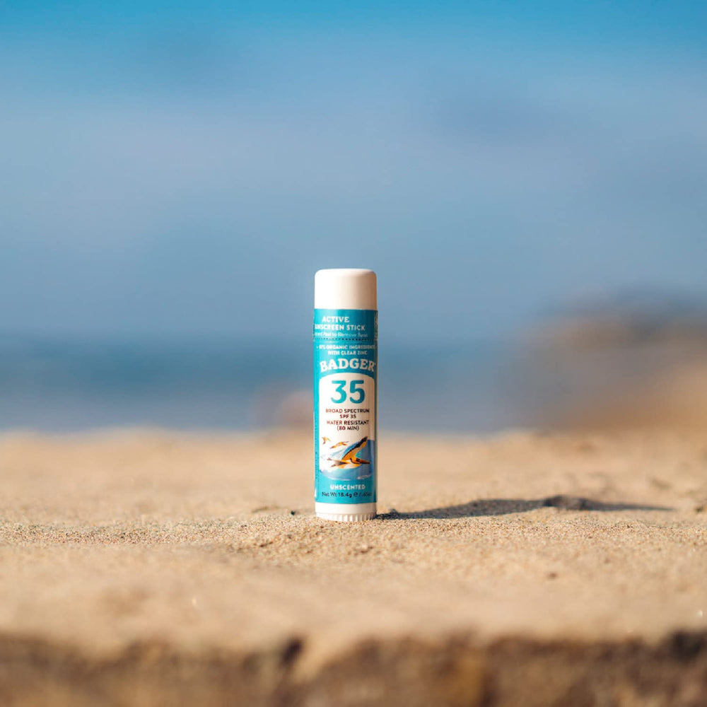 Badger SPF 35 water-resistant formula for active days.