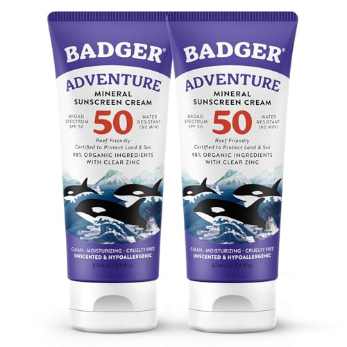 Badger sunscreen bottle demonstrates easy rub-in application for travel-friendly SPF 50 protection.