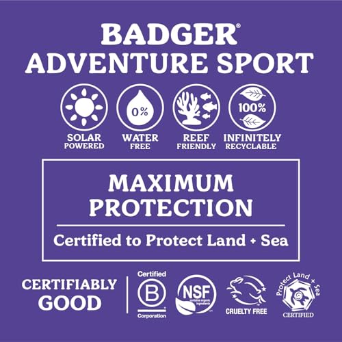 Badger reef-safe sunscreen highlights 80-minute water resistance for outdoor activities.