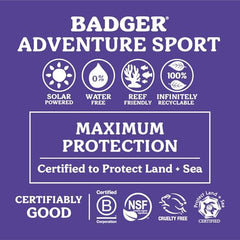 Badger reef-safe sunscreen highlights 80-minute water resistance for outdoor activities.