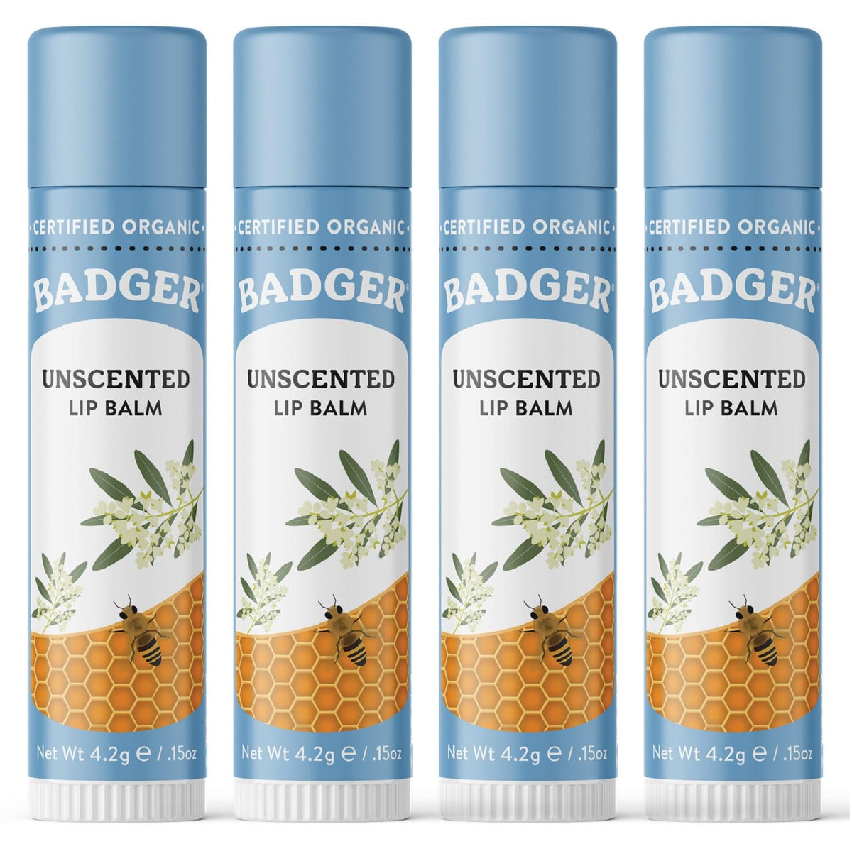 Badger Unscented Classic Lip Balm four-pack in recyclable packaging for everyday moisture.