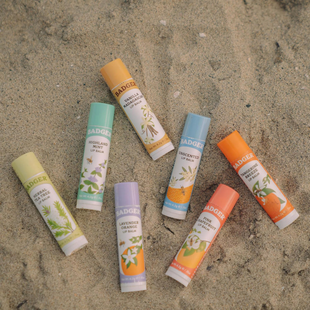 Badger Unscented Classic Lip Balm packaging highlights sustainable, organic lip care.
