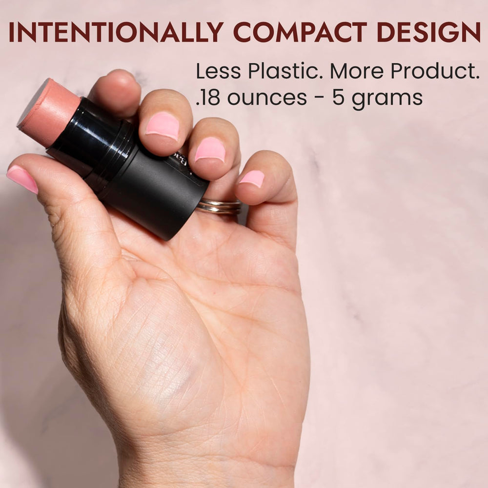BaeBlu 3in1-stick application demonstrates versatile use on cheeks, lips, eyes.