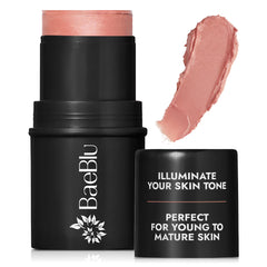 BaeBlu blush-tube Rose close-up shows buildable flush for cheeks and lips.