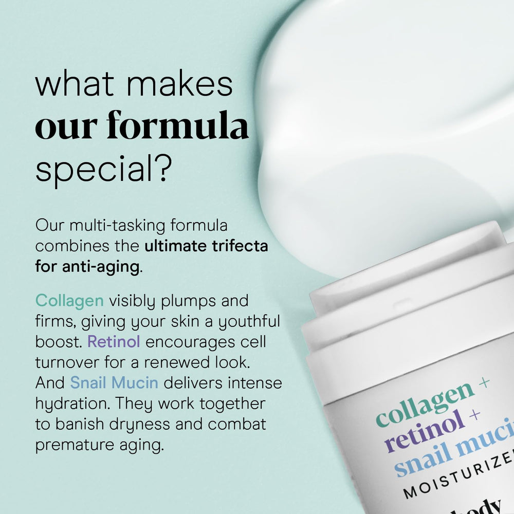 Baebody collagen retinol snail mucin moisturizer label highlighting ingredients and benefits.