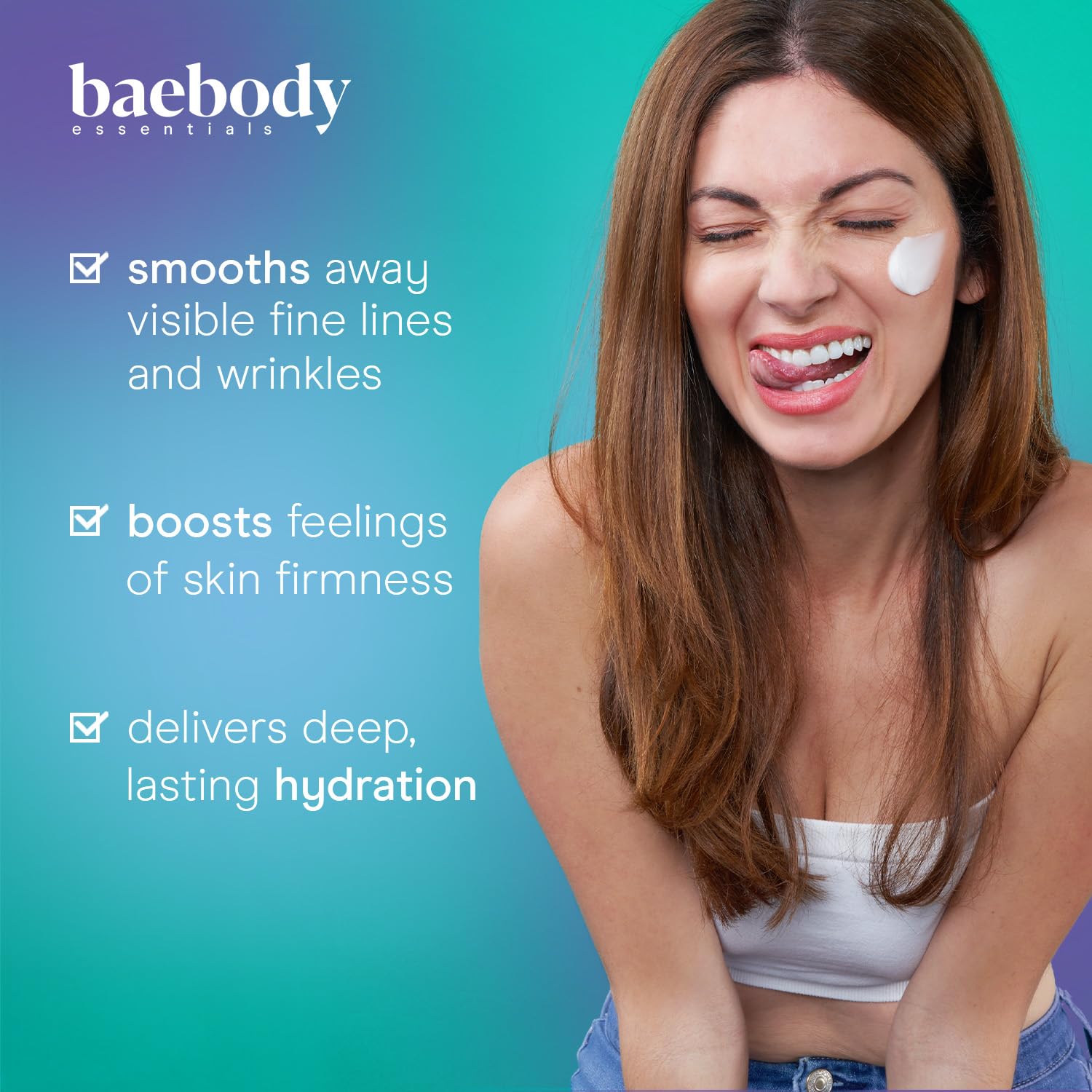 Baebody collagen retinol snail mucin moisturizer spread showing smooth texture and hydration.