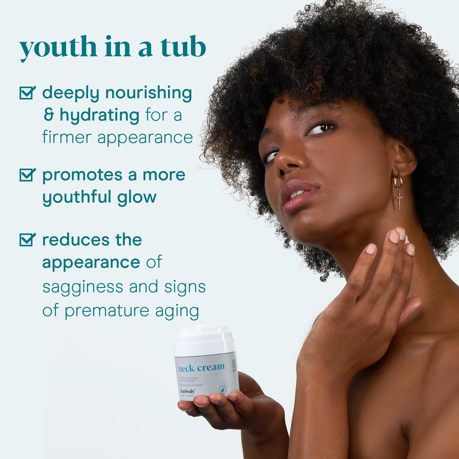 Baebody neck-cream-exfoliation shows AHAs and glycolic acid at work on surface.