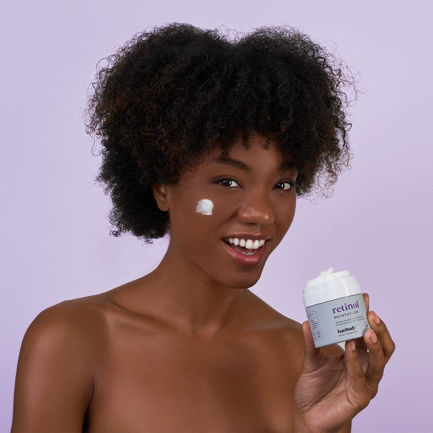 Baebody retinol cream face texture closeup highlights rich, hydrating cream.