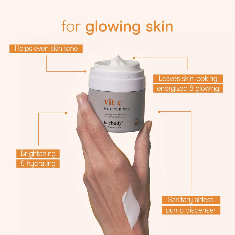 Baebody Vitamin C cream being applied to skin suggests even-toned, radiant results.