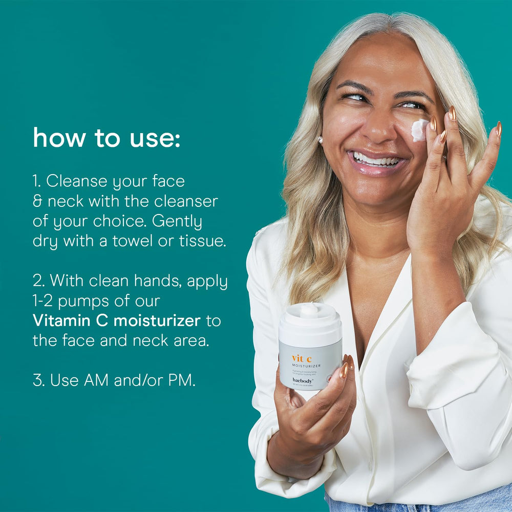 Baebody Vitamin C moisturizer packaging with cruelty-free label signals clean skincare.