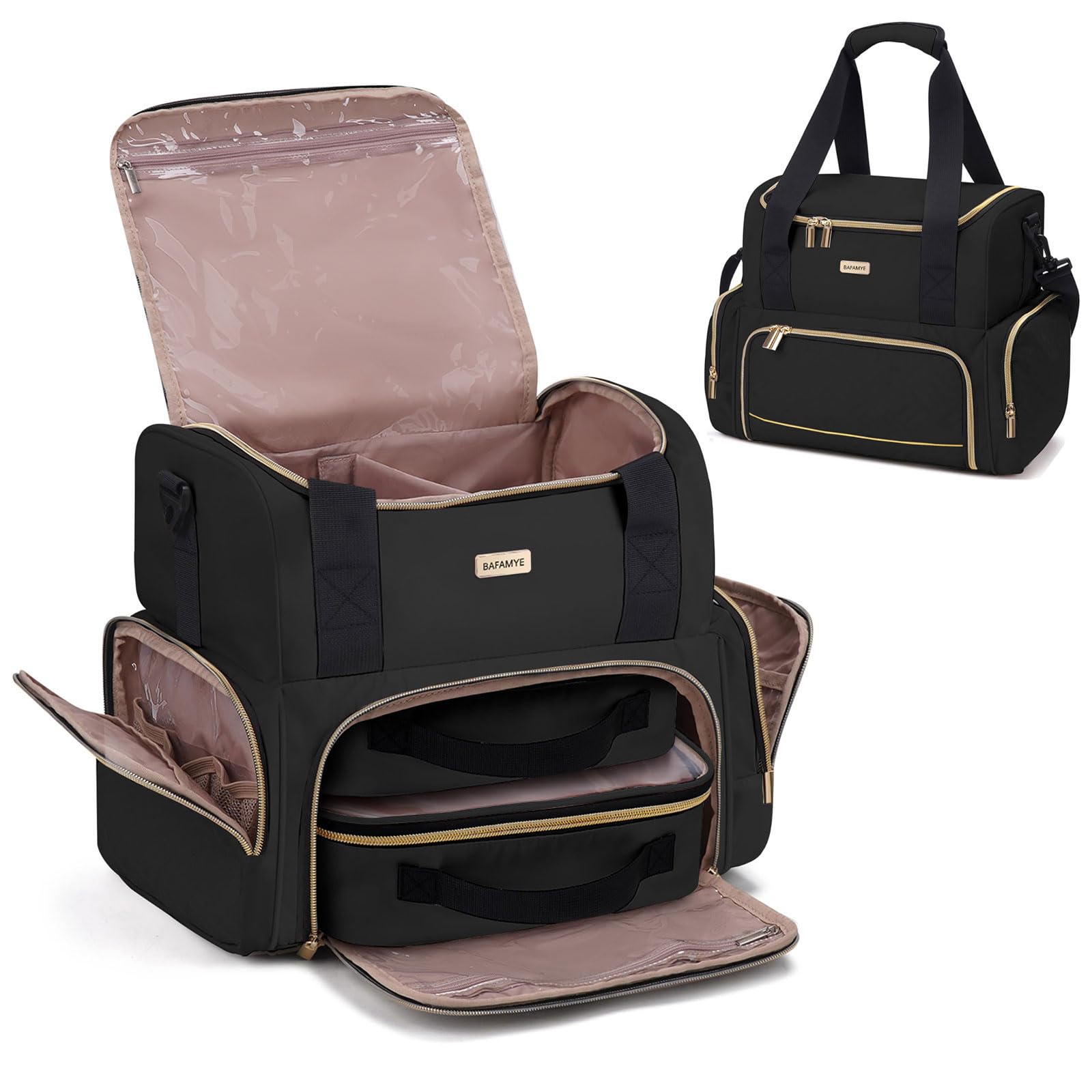 BAFAMYE large makeup travel bag top view shows spacious interior for organized cosmetics on the go