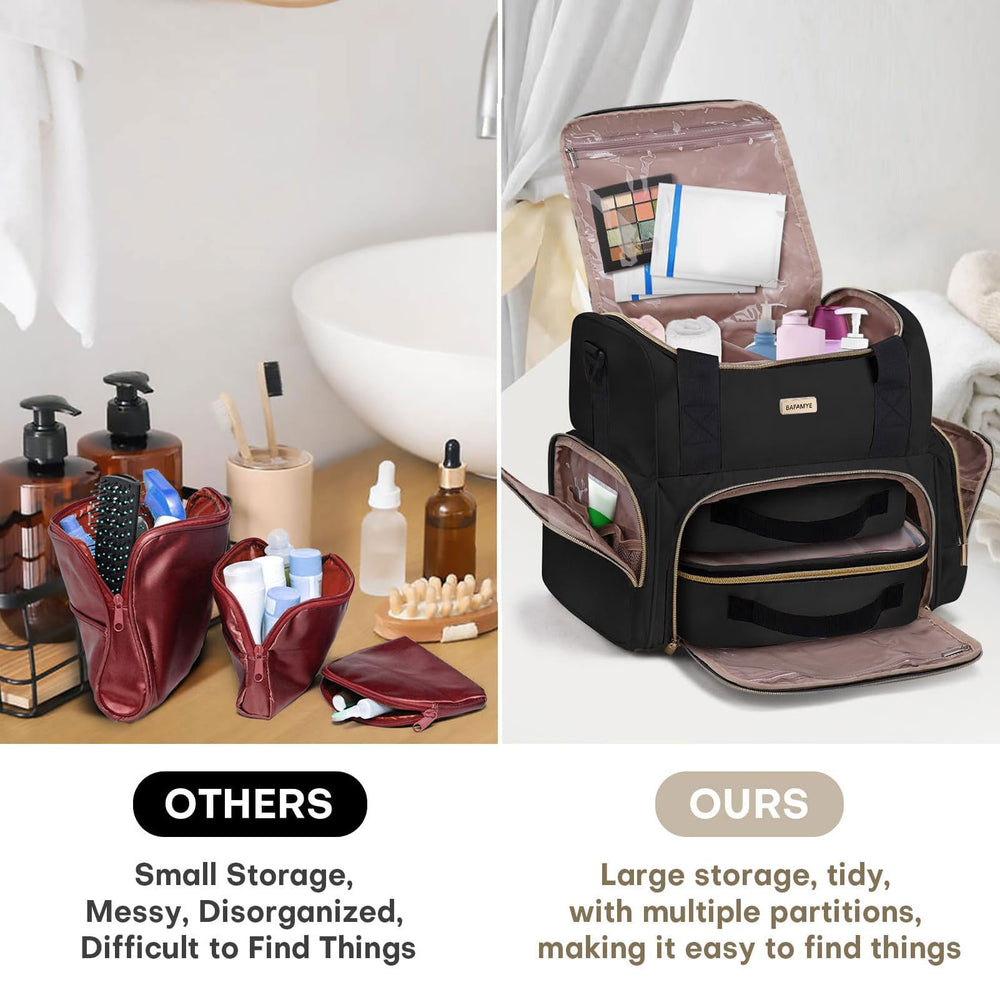 BAFAMYE mesh-side pockets keep cosmetics upright and easily accessible